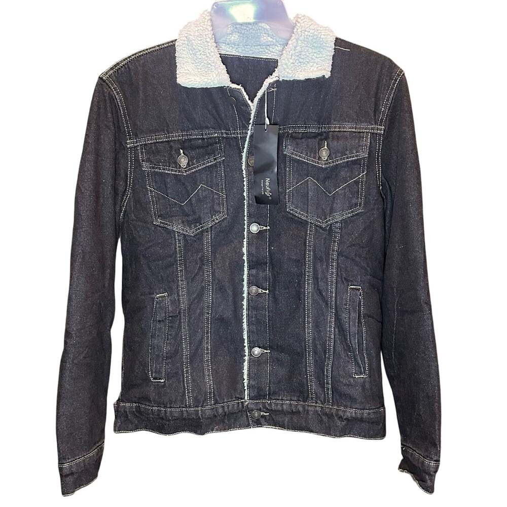 New Mens Neufigr Dark Wash Denim Coat Jacket With Wool Lining Size Small Black